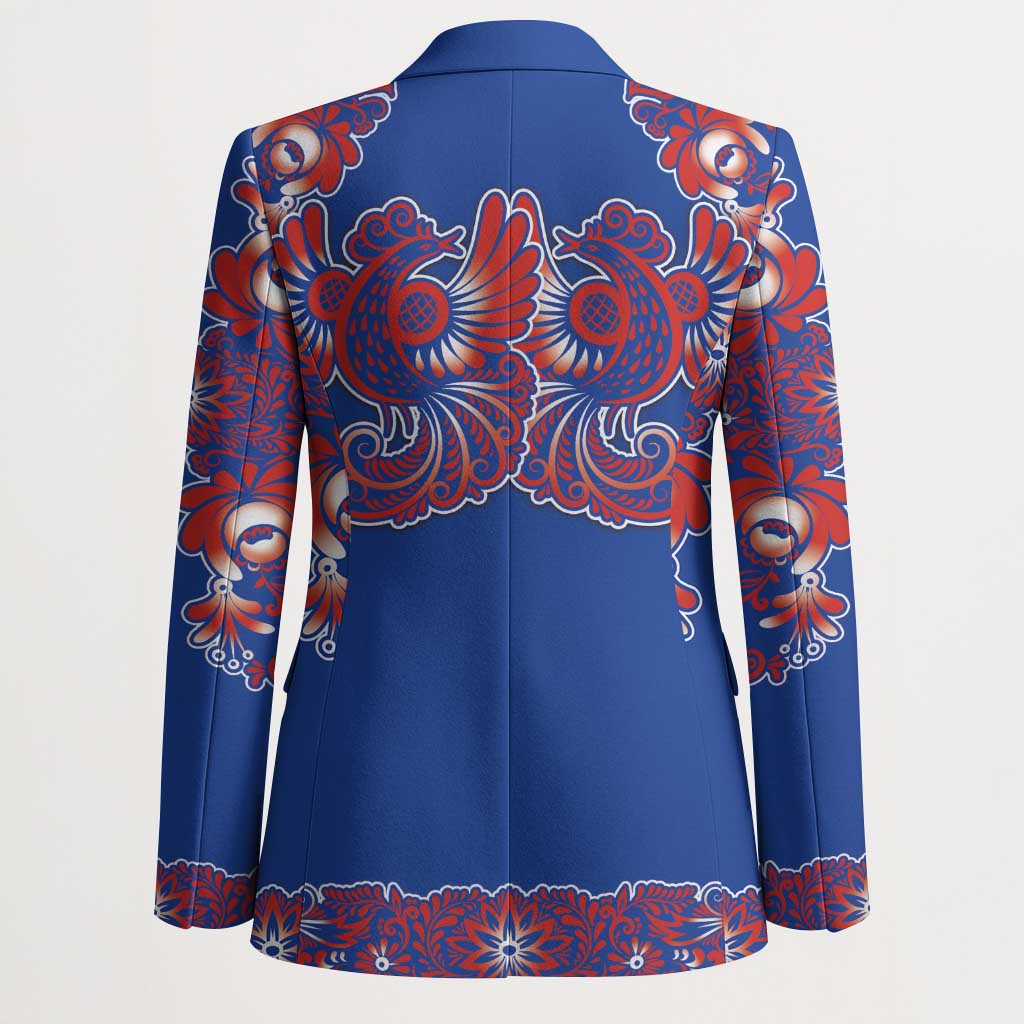 Blue Russian National Costume Blazer Rooster Motifs Traditional Folk Pattern - Wonder Print Shop