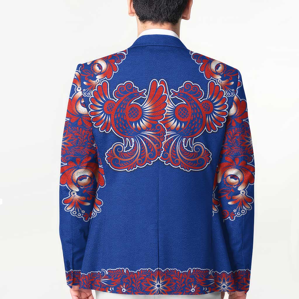 Blue Russian National Costume Blazer Rooster Motifs Traditional Folk Pattern - Wonder Print Shop
