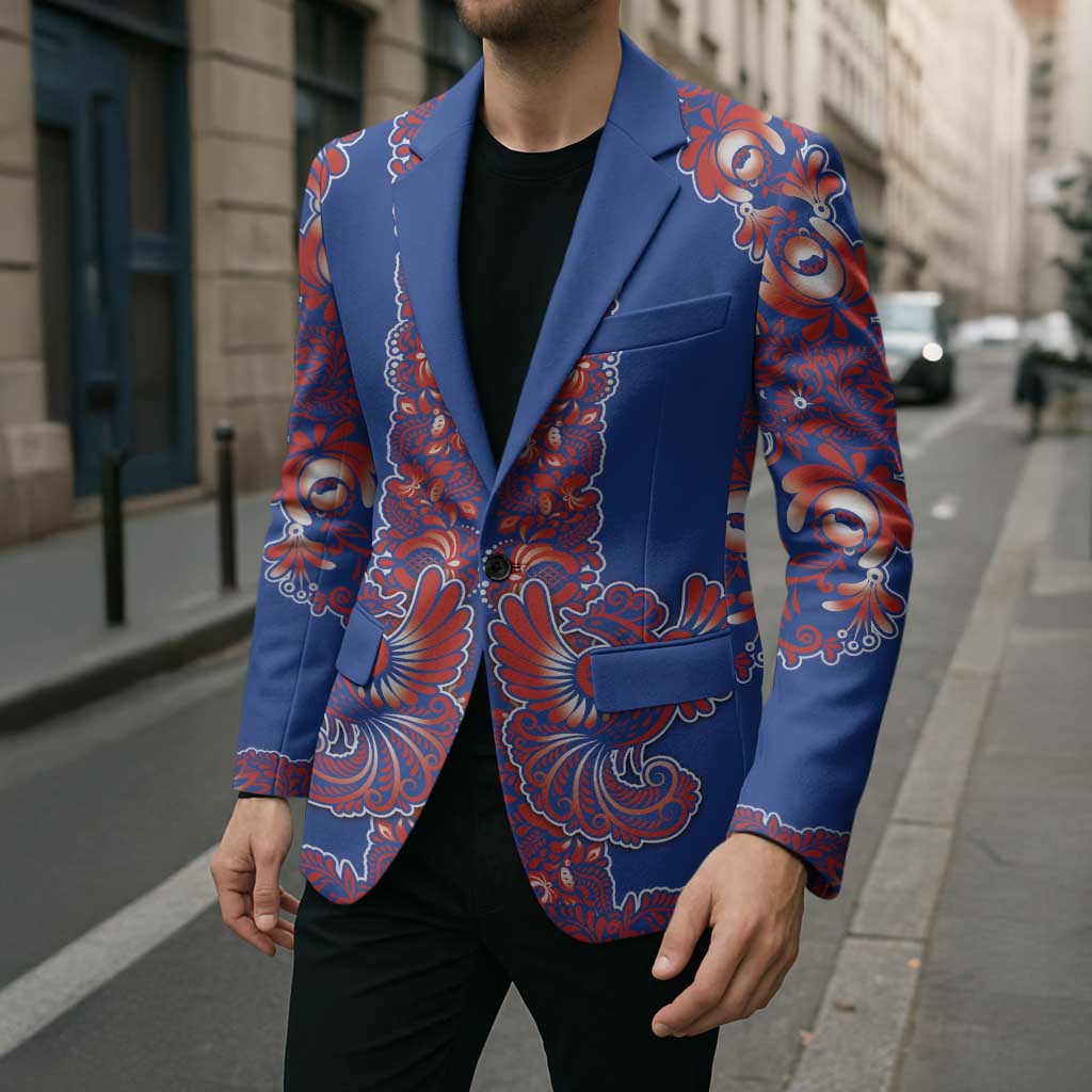 Blue Russian National Costume Blazer Rooster Motifs Traditional Folk Pattern - Wonder Print Shop