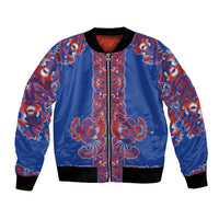 Blue Russian National Costume Bomber Jacket Rooster Motifs Traditional Folk Pattern - Wonder Print Shop