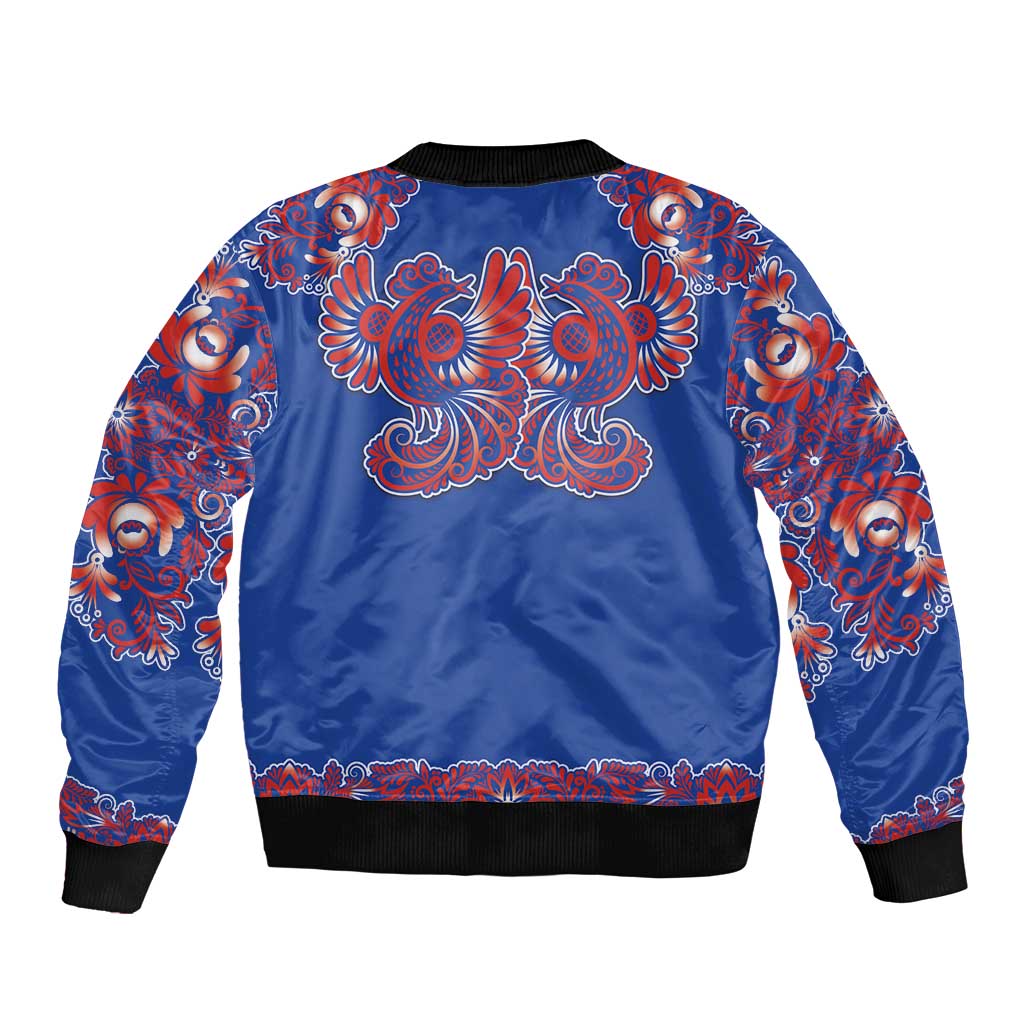 Blue Russian National Costume Bomber Jacket Rooster Motifs Traditional Folk Pattern - Wonder Print Shop