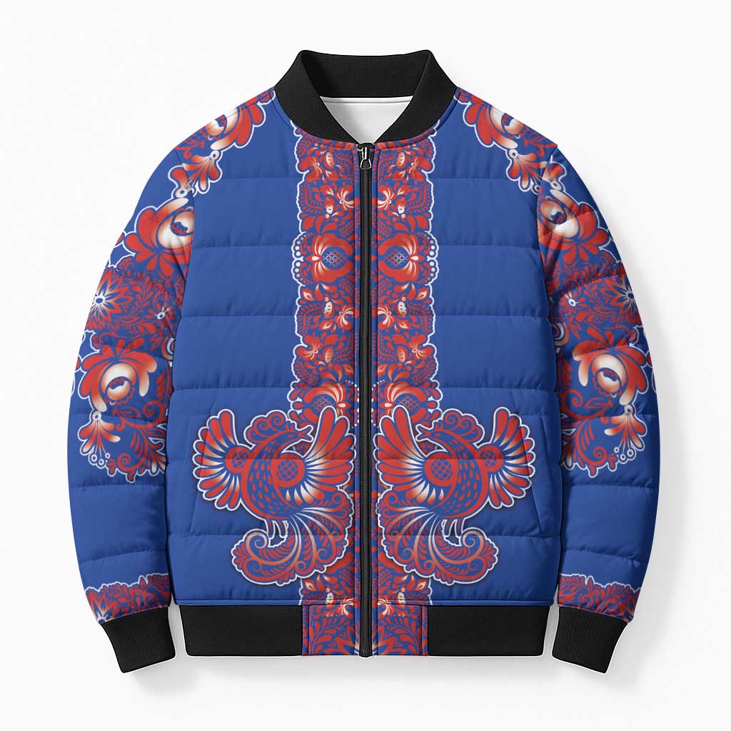 Blue Russian National Costume Bomber Puffer Jacket Rooster Motifs Traditional Folk Pattern - Wonder Print Shop