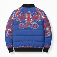 Blue Russian National Costume Bomber Puffer Jacket Rooster Motifs Traditional Folk Pattern - Wonder Print Shop