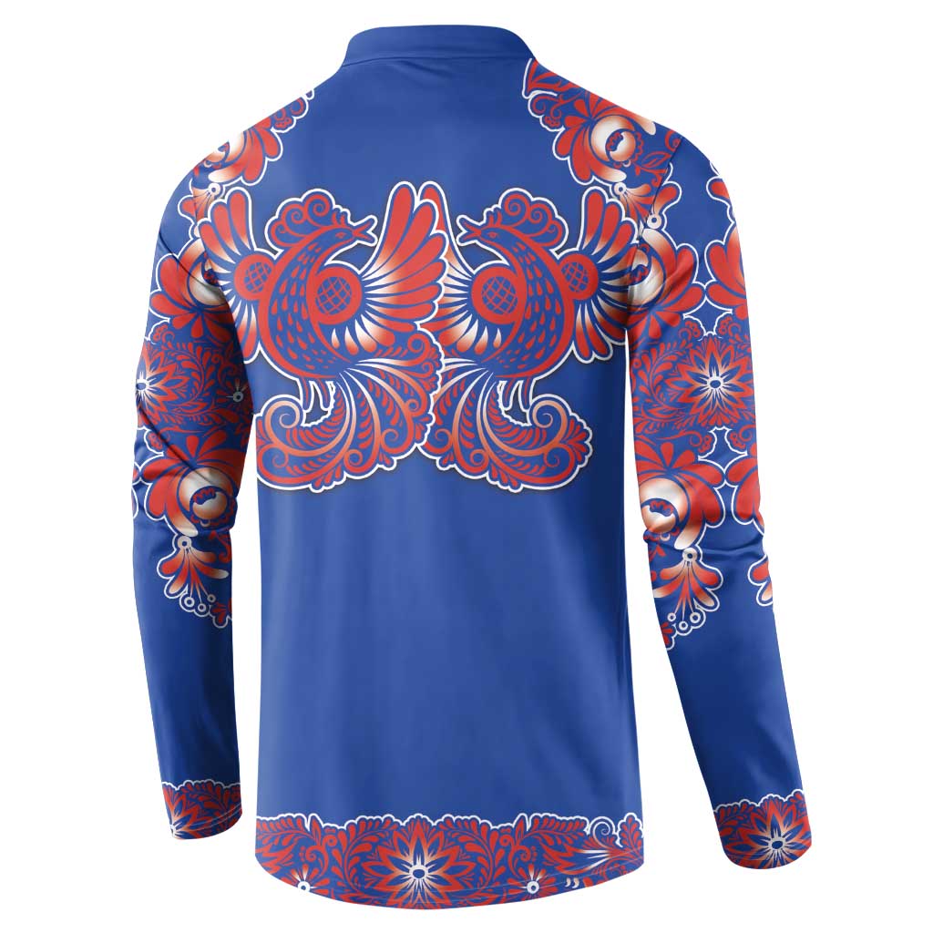 Blue Russian National Costume Button Sweatshirt Rooster Motifs Traditional Folk Pattern - Wonder Print Shop