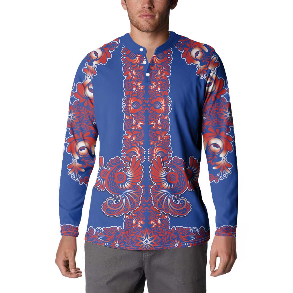 Blue Russian National Costume Button Sweatshirt Rooster Motifs Traditional Folk Pattern - Wonder Print Shop