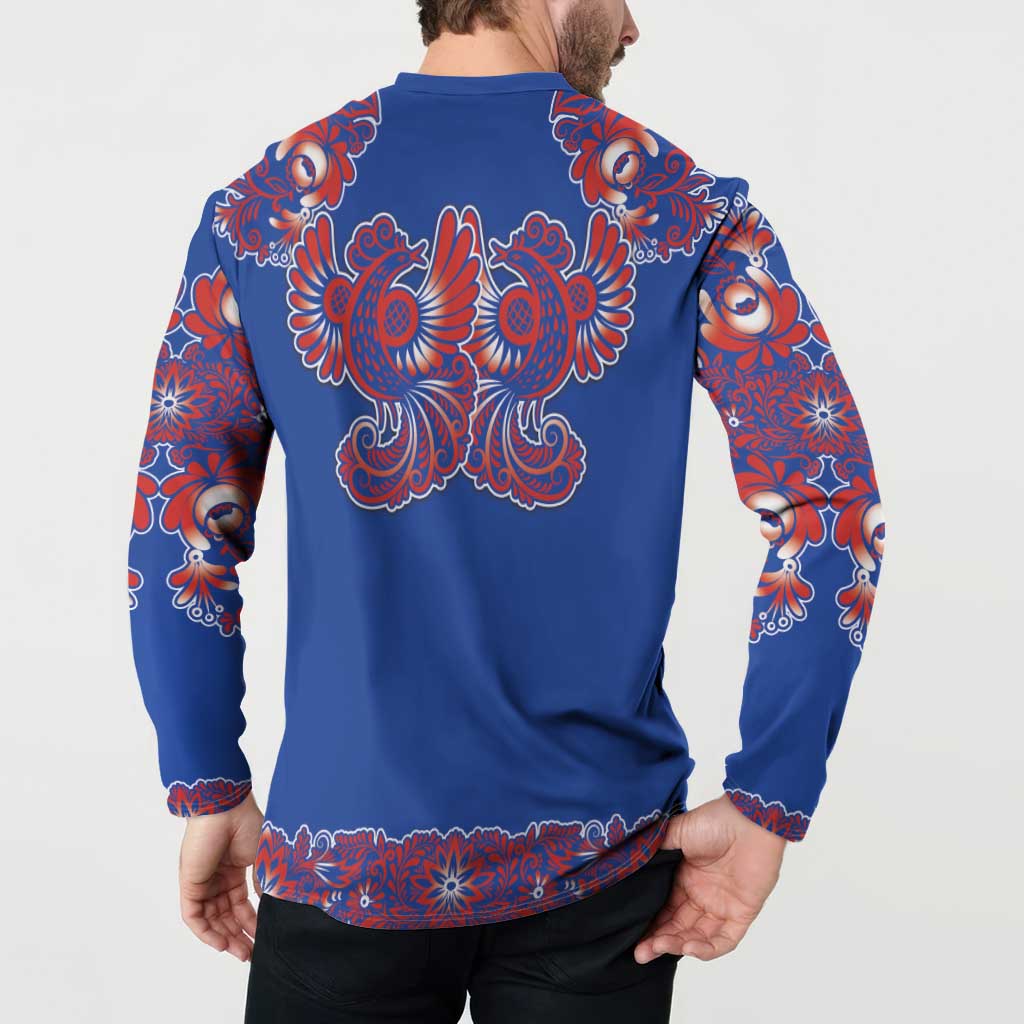 Blue Russian National Costume Button Sweatshirt Rooster Motifs Traditional Folk Pattern - Wonder Print Shop