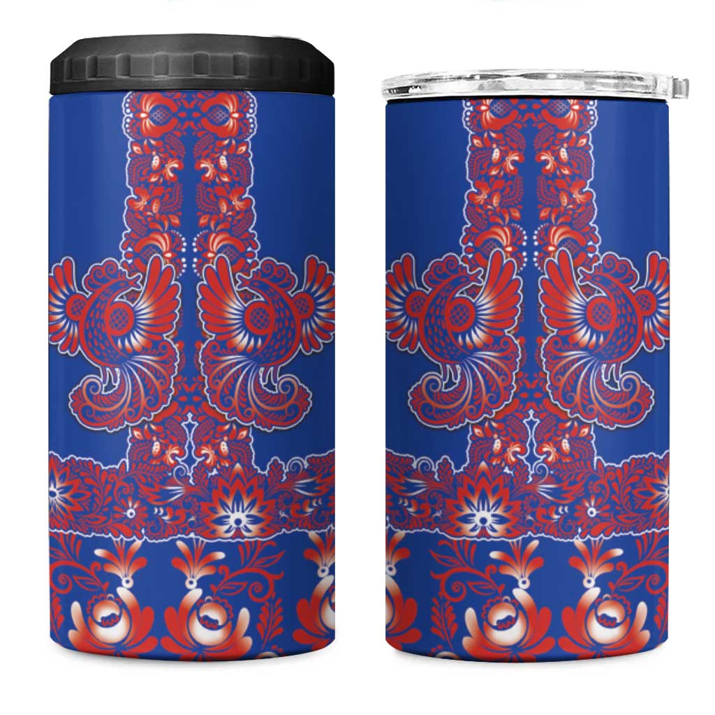 Blue Russian National Costume 4 in 1 Can Cooler Tumbler Rooster Motifs Traditional Folk Pattern - Wonder Print Shop