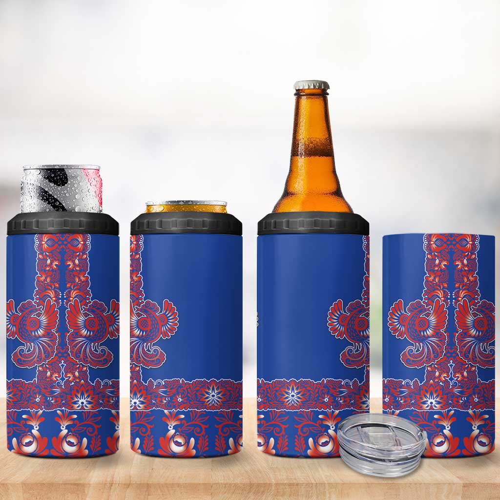 Blue Russian National Costume 4 in 1 Can Cooler Tumbler Rooster Motifs Traditional Folk Pattern - Wonder Print Shop
