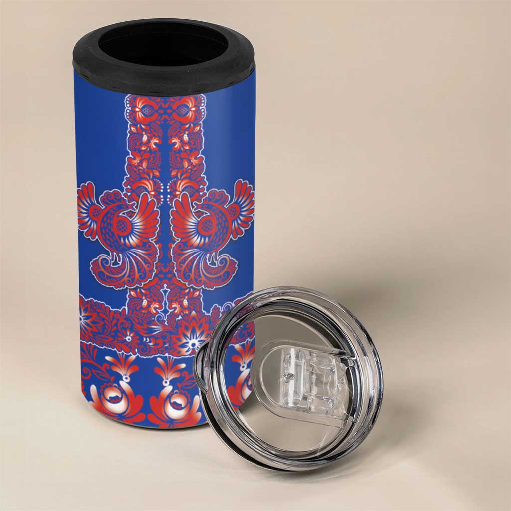 Blue Russian National Costume 4 in 1 Can Cooler Tumbler Rooster Motifs Traditional Folk Pattern - Wonder Print Shop