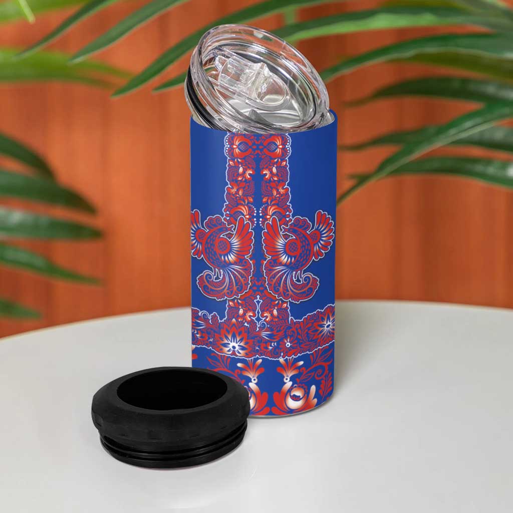 Blue Russian National Costume 4 in 1 Can Cooler Tumbler Rooster Motifs Traditional Folk Pattern - Wonder Print Shop
