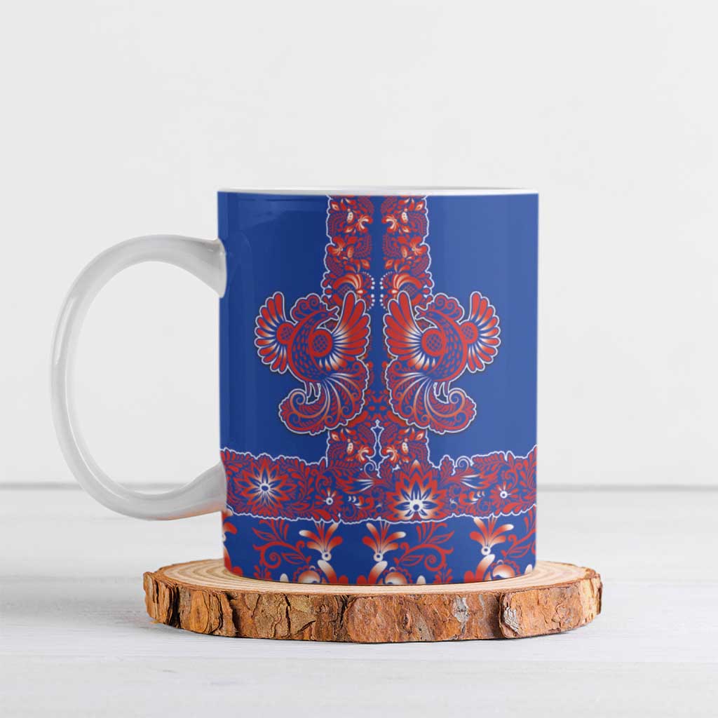 Blue Russian National Costume Ceramic Mug Rooster Motifs Traditional Folk Pattern - Wonder Print Shop
