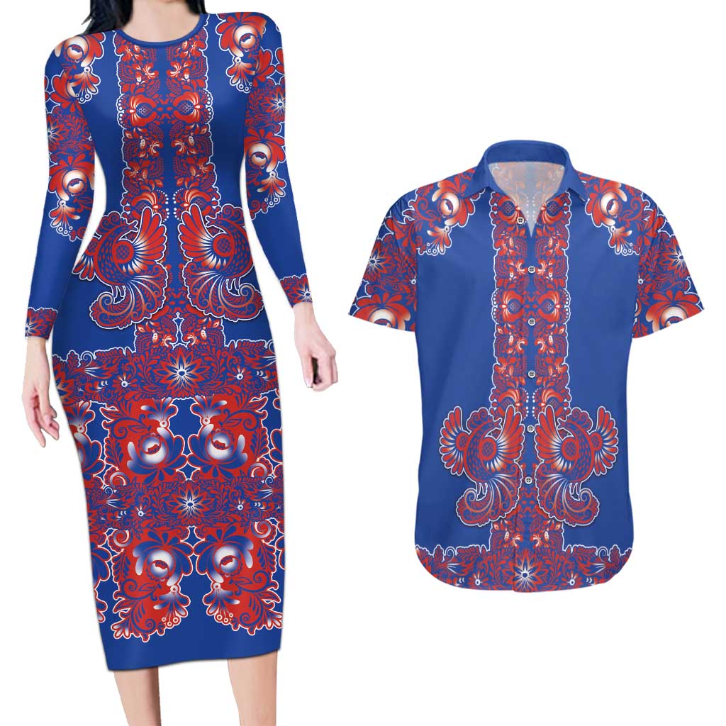 Blue Russian National Costume Couples Matching Long Sleeve Bodycon Dress and Hawaiian Shirt Rooster Motifs Traditional Folk Pattern - Wonder Print Shop