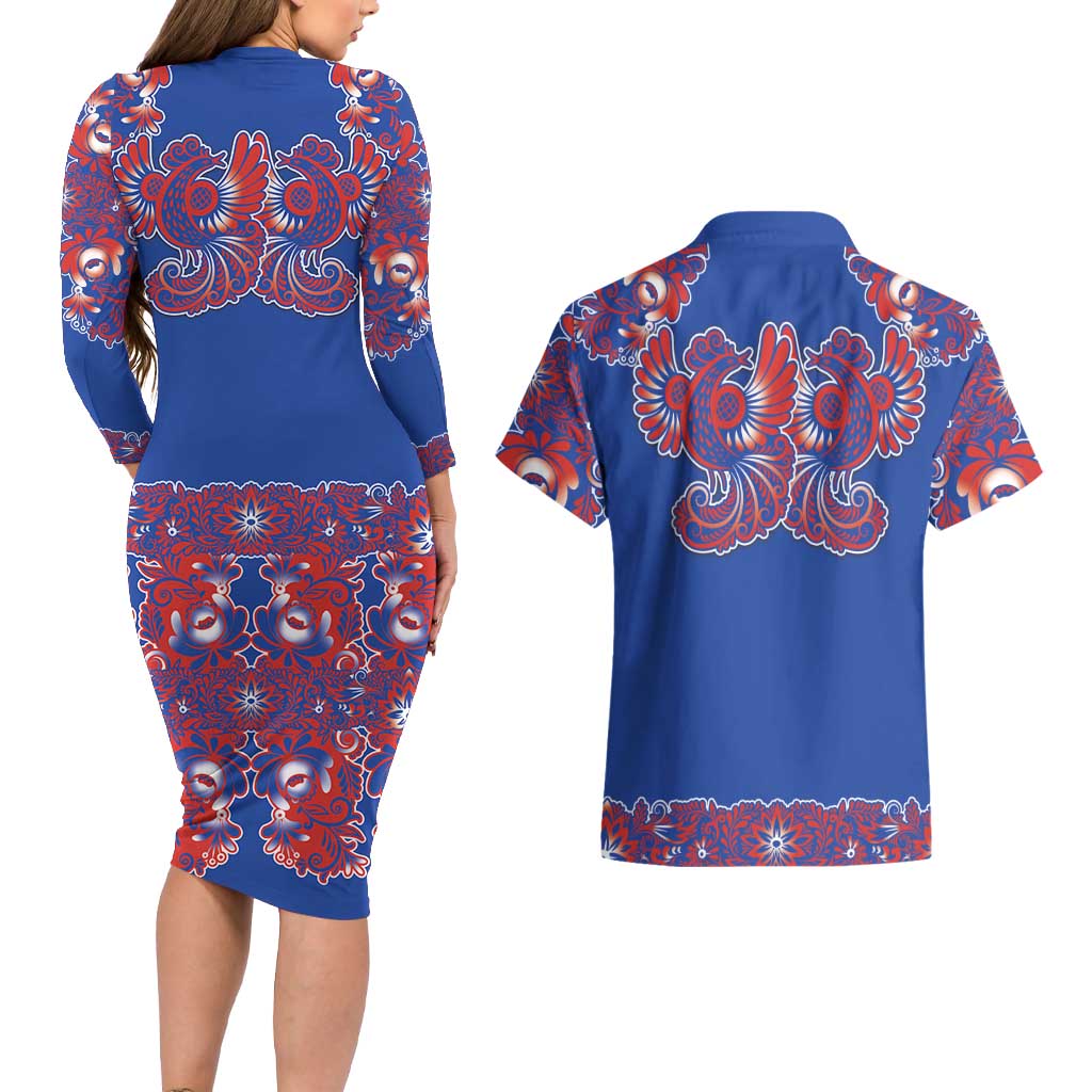 Blue Russian National Costume Couples Matching Long Sleeve Bodycon Dress and Hawaiian Shirt Rooster Motifs Traditional Folk Pattern - Wonder Print Shop
