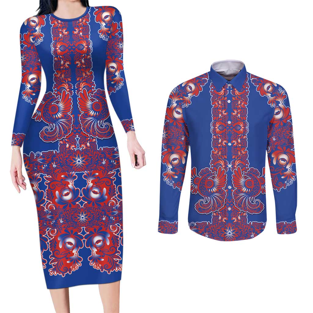 Blue Russian National Costume Couples Matching Long Sleeve Bodycon Dress and Long Sleeve Button Shirt Rooster Motifs Traditional Folk Pattern - Wonder Print Shop