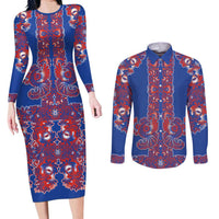 Blue Russian National Costume Couples Matching Long Sleeve Bodycon Dress and Long Sleeve Button Shirt Rooster Motifs Traditional Folk Pattern - Wonder Print Shop