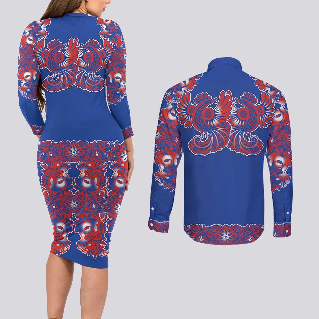 Blue Russian National Costume Couples Matching Long Sleeve Bodycon Dress and Long Sleeve Button Shirt Rooster Motifs Traditional Folk Pattern - Wonder Print Shop