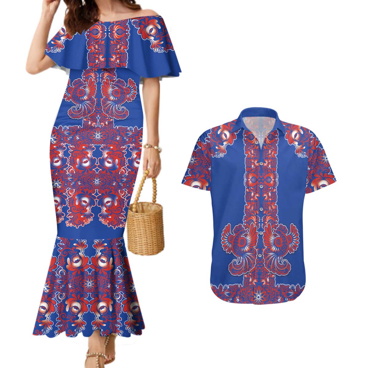 Blue Russian National Costume Couples Matching Mermaid Dress and Hawaiian Shirt Rooster Motifs Traditional Folk Pattern - Wonder Print Shop