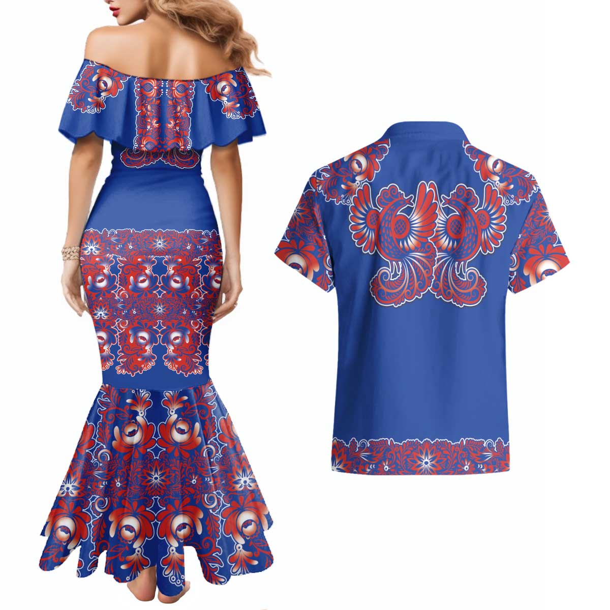 Blue Russian National Costume Couples Matching Mermaid Dress and Hawaiian Shirt Rooster Motifs Traditional Folk Pattern - Wonder Print Shop