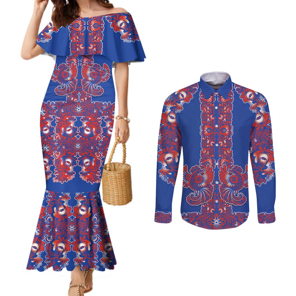 Blue Russian National Costume Couples Matching Mermaid Dress and Long Sleeve Button Shirt Rooster Motifs Traditional Folk Pattern - Wonder Print Shop