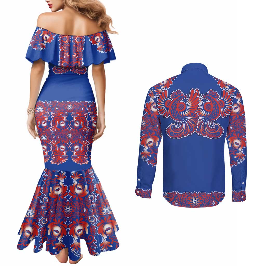 Blue Russian National Costume Couples Matching Mermaid Dress and Long Sleeve Button Shirt Rooster Motifs Traditional Folk Pattern - Wonder Print Shop