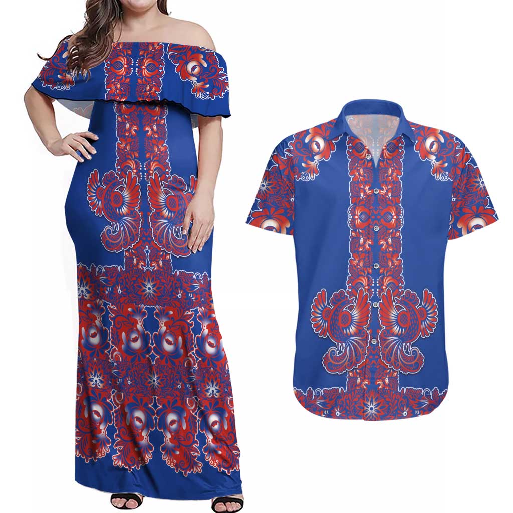 Blue Russian National Costume Couples Matching Off Shoulder Maxi Dress and Hawaiian Shirt Rooster Motifs Traditional Folk Pattern - Wonder Print Shop