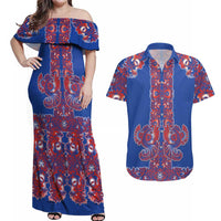 Blue Russian National Costume Couples Matching Off Shoulder Maxi Dress and Hawaiian Shirt Rooster Motifs Traditional Folk Pattern - Wonder Print Shop