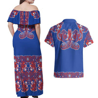 Blue Russian National Costume Couples Matching Off Shoulder Maxi Dress and Hawaiian Shirt Rooster Motifs Traditional Folk Pattern - Wonder Print Shop
