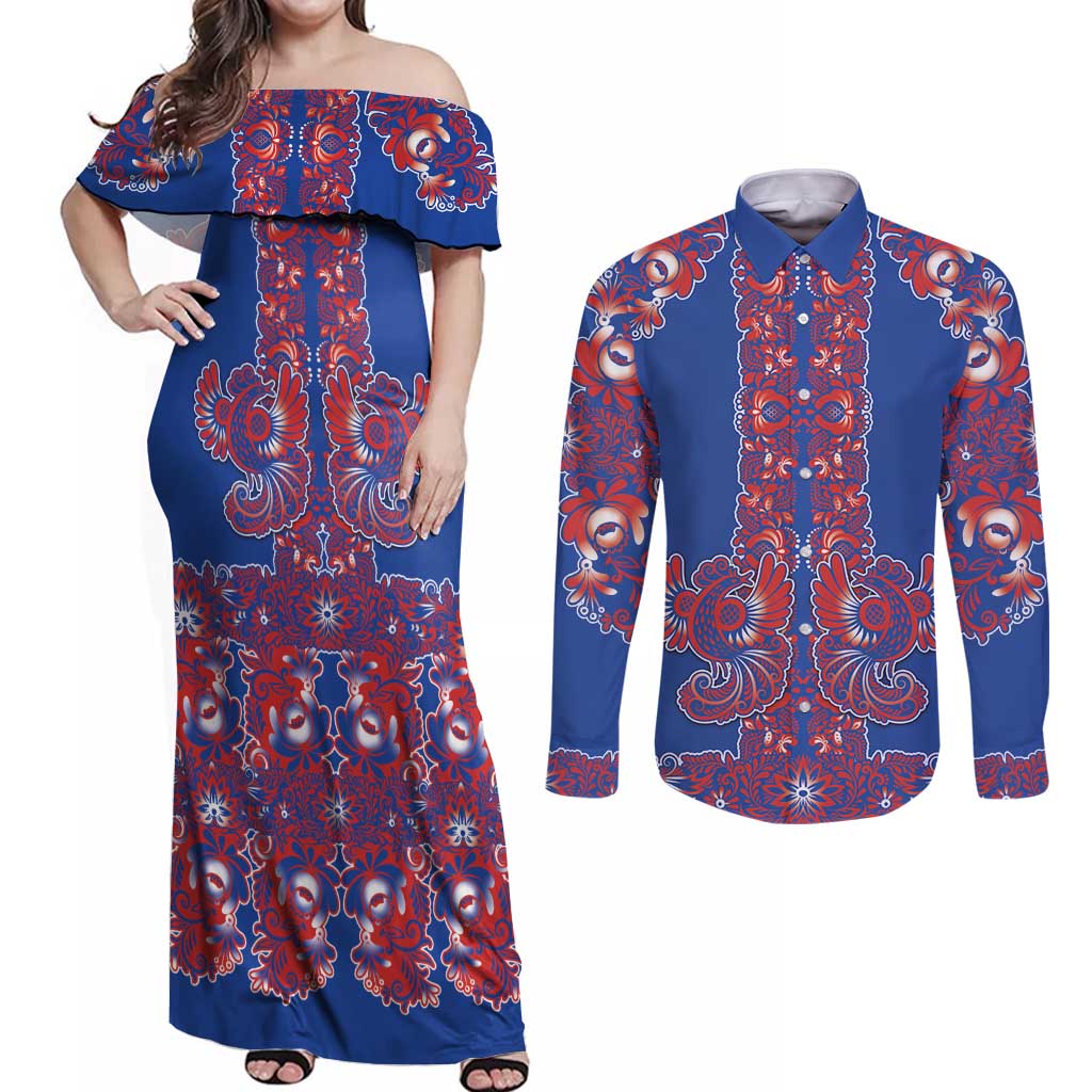 Blue Russian National Costume Couples Matching Off Shoulder Maxi Dress and Long Sleeve Button Shirt Rooster Motifs Traditional Folk Pattern - Wonder Print Shop
