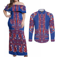 Blue Russian National Costume Couples Matching Off Shoulder Maxi Dress and Long Sleeve Button Shirt Rooster Motifs Traditional Folk Pattern - Wonder Print Shop