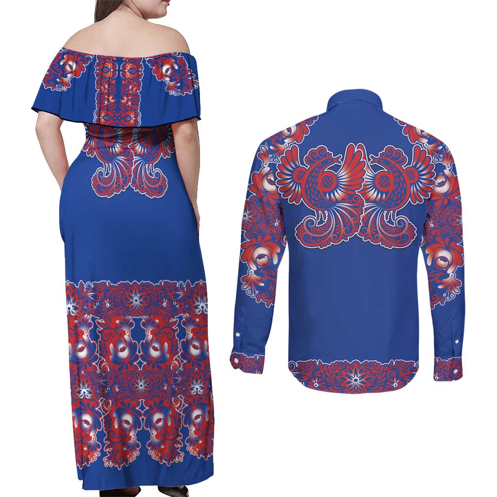 Blue Russian National Costume Couples Matching Off Shoulder Maxi Dress and Long Sleeve Button Shirt Rooster Motifs Traditional Folk Pattern - Wonder Print Shop