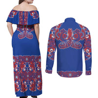Blue Russian National Costume Couples Matching Off Shoulder Maxi Dress and Long Sleeve Button Shirt Rooster Motifs Traditional Folk Pattern - Wonder Print Shop