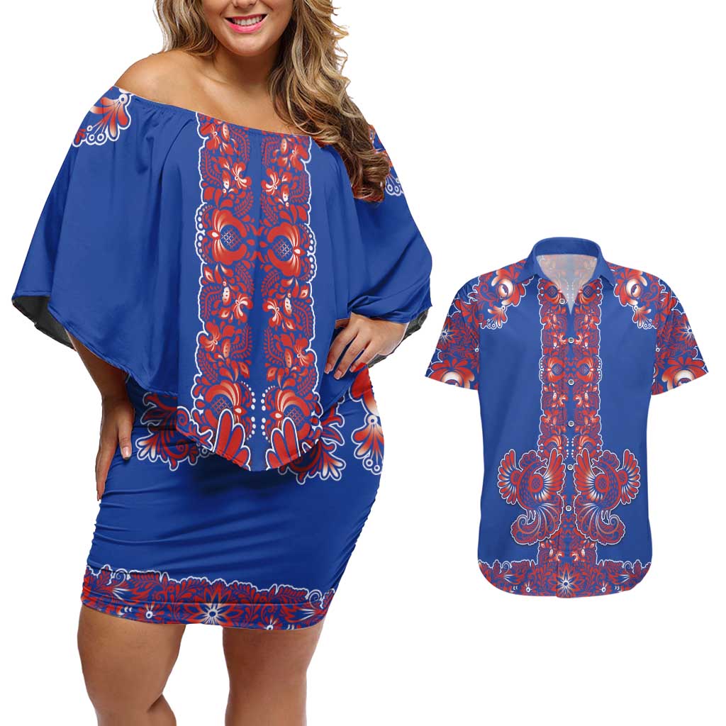 Blue Russian National Costume Couples Matching Off Shoulder Short Dress and Hawaiian Shirt Rooster Motifs Traditional Folk Pattern - Wonder Print Shop