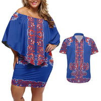 Blue Russian National Costume Couples Matching Off Shoulder Short Dress and Hawaiian Shirt Rooster Motifs Traditional Folk Pattern - Wonder Print Shop