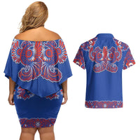 Blue Russian National Costume Couples Matching Off Shoulder Short Dress and Hawaiian Shirt Rooster Motifs Traditional Folk Pattern - Wonder Print Shop
