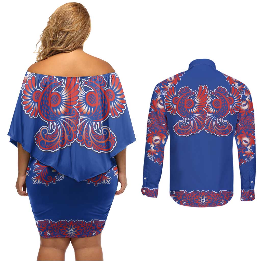 Blue Russian National Costume Couples Matching Off Shoulder Short Dress and Long Sleeve Button Shirt Rooster Motifs Traditional Folk Pattern - Wonder Print Shop