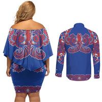 Blue Russian National Costume Couples Matching Off Shoulder Short Dress and Long Sleeve Button Shirt Rooster Motifs Traditional Folk Pattern - Wonder Print Shop