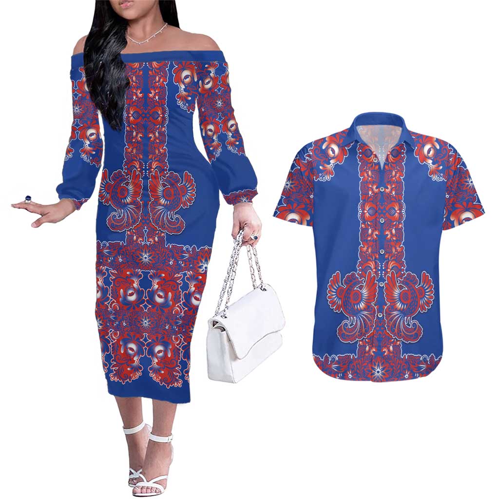 Blue Russian National Costume Couples Matching Off The Shoulder Long Sleeve Dress and Hawaiian Shirt Rooster Motifs Traditional Folk Pattern - Wonder Print Shop