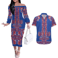 Blue Russian National Costume Couples Matching Off The Shoulder Long Sleeve Dress and Hawaiian Shirt Rooster Motifs Traditional Folk Pattern - Wonder Print Shop