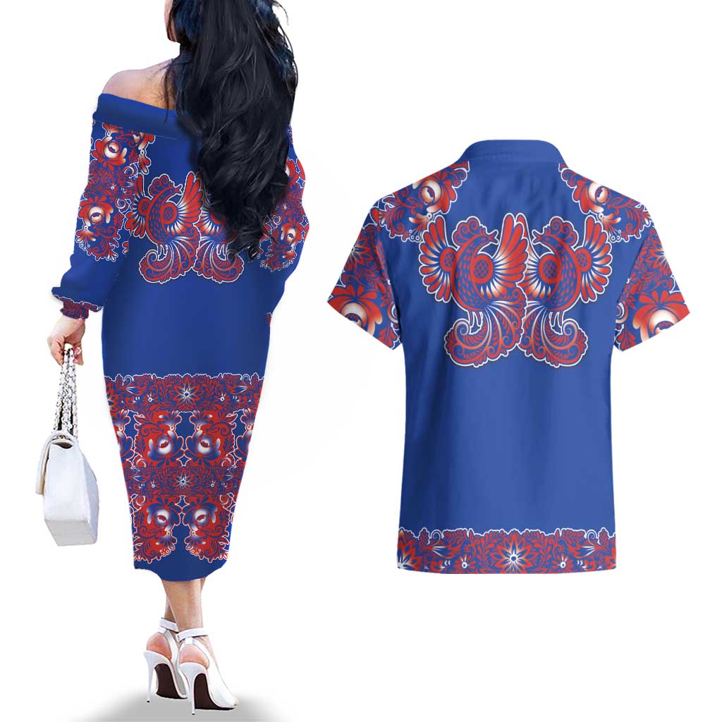 Blue Russian National Costume Couples Matching Off The Shoulder Long Sleeve Dress and Hawaiian Shirt Rooster Motifs Traditional Folk Pattern - Wonder Print Shop