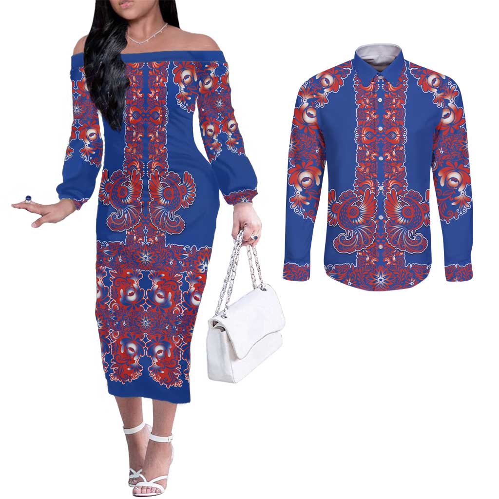 Blue Russian National Costume Couples Matching Off The Shoulder Long Sleeve Dress and Long Sleeve Button Shirt Rooster Motifs Traditional Folk Pattern - Wonder Print Shop