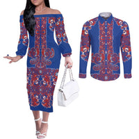 Blue Russian National Costume Couples Matching Off The Shoulder Long Sleeve Dress and Long Sleeve Button Shirt Rooster Motifs Traditional Folk Pattern - Wonder Print Shop