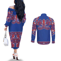 Blue Russian National Costume Couples Matching Off The Shoulder Long Sleeve Dress and Long Sleeve Button Shirt Rooster Motifs Traditional Folk Pattern - Wonder Print Shop
