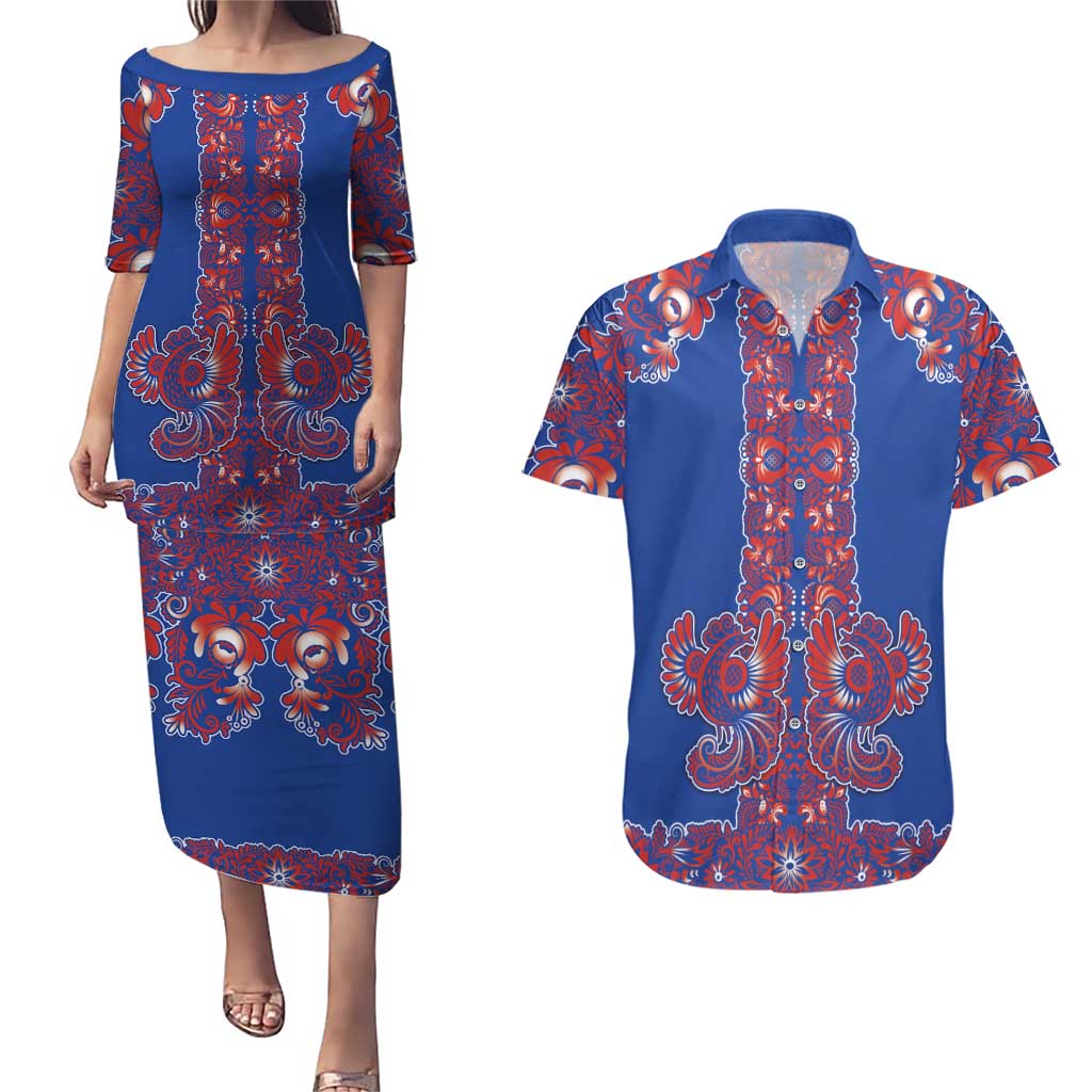 Blue Russian National Costume Couples Matching Puletasi and Hawaiian Shirt Rooster Motifs Traditional Folk Pattern - Wonder Print Shop