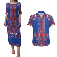 Blue Russian National Costume Couples Matching Puletasi and Hawaiian Shirt Rooster Motifs Traditional Folk Pattern - Wonder Print Shop