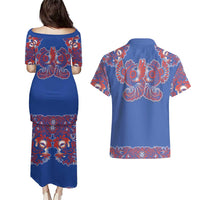 Blue Russian National Costume Couples Matching Puletasi and Hawaiian Shirt Rooster Motifs Traditional Folk Pattern - Wonder Print Shop