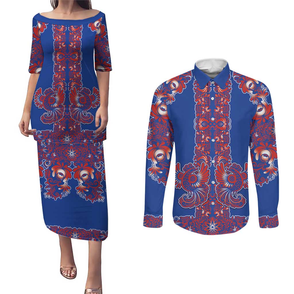 Blue Russian National Costume Couples Matching Puletasi and Long Sleeve Button Shirt Rooster Motifs Traditional Folk Pattern - Wonder Print Shop