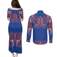 Blue Russian National Costume Couples Matching Puletasi and Long Sleeve Button Shirt Rooster Motifs Traditional Folk Pattern - Wonder Print Shop