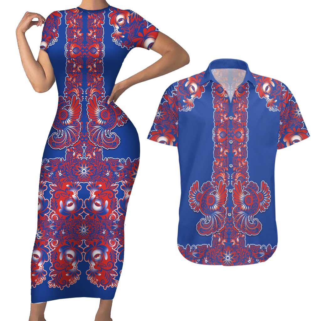 Blue Russian National Costume Couples Matching Short Sleeve Bodycon Dress and Hawaiian Shirt Rooster Motifs Traditional Folk Pattern - Wonder Print Shop