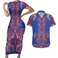 Blue Russian National Costume Couples Matching Short Sleeve Bodycon Dress and Hawaiian Shirt Rooster Motifs Traditional Folk Pattern - Wonder Print Shop