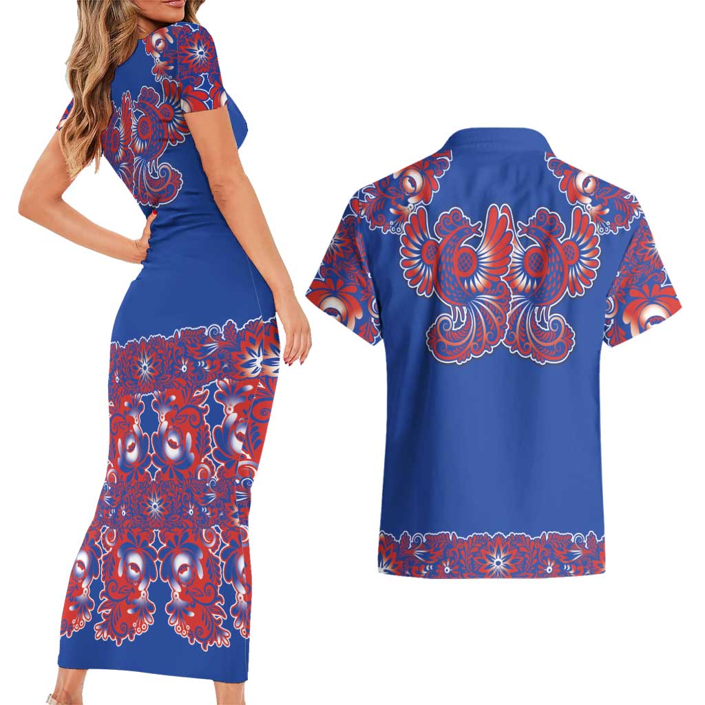 Blue Russian National Costume Couples Matching Short Sleeve Bodycon Dress and Hawaiian Shirt Rooster Motifs Traditional Folk Pattern - Wonder Print Shop